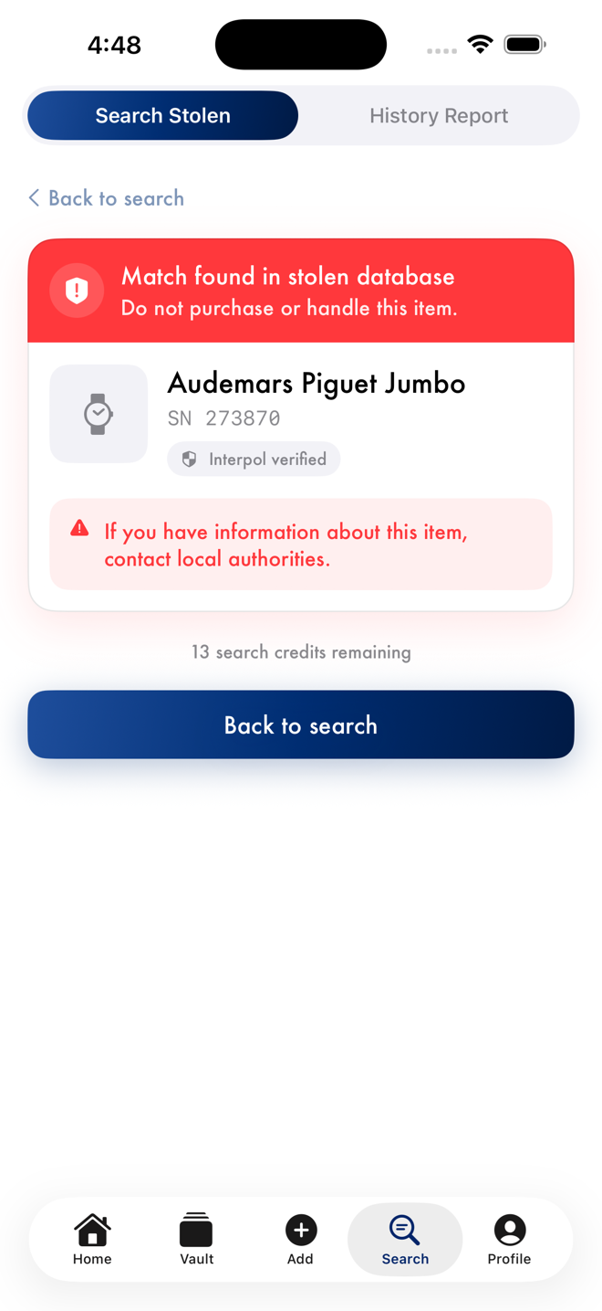 Myne Global — stolen item flagged in search